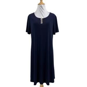 Fortune + Ivy Dress Womens Large Navy Adele Ringlet Short Sleeve Jersey Stretch
